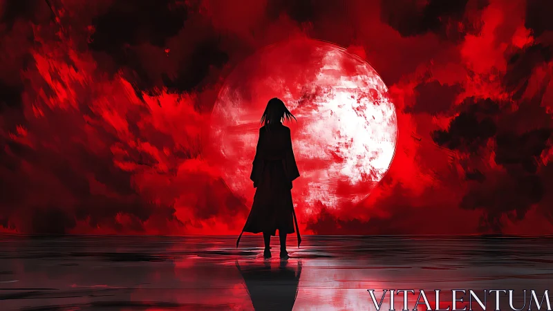 Silhouetted figure before large red moon over reflective water.