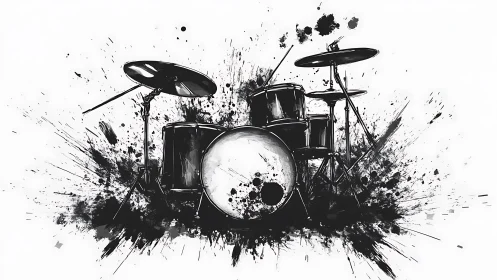 Monochrome drum kit rendered with dynamic ink-splash abstraction