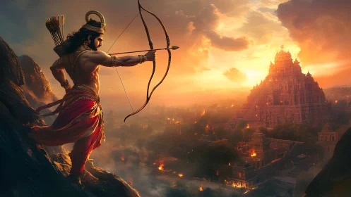 Warrior archer aims bow toward fortified temple city at dusk.