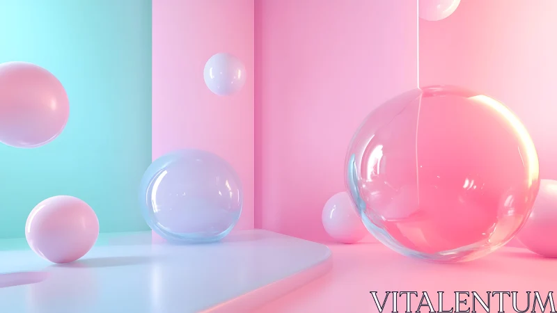 Playful pastel bubbles floating in a dreamy soft room.