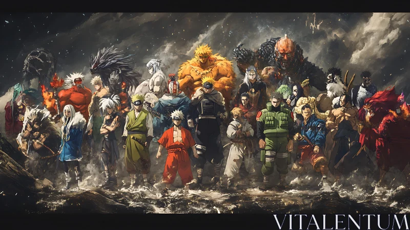 Epic anime heroes and beasts united on a stormy battlefield.