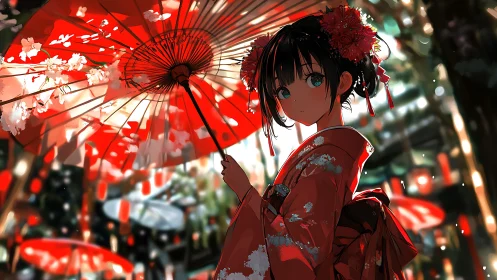 Anime festival portrait with red wagasa and lantern bokeh focus.