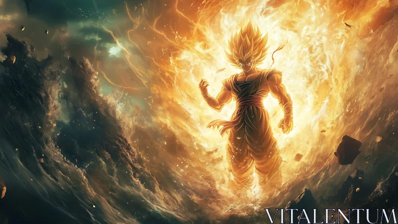 Blazing warrior rises in a storm of golden cosmic power.