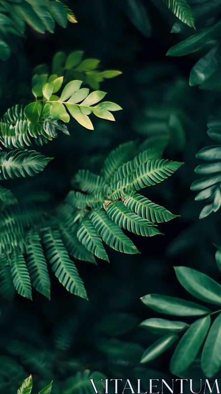 Lush fern foliage in moody deep-green forest light.