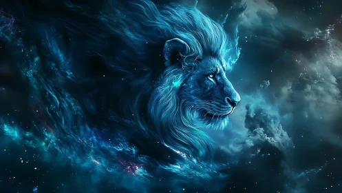 Celestial ember lion drifts through midnight cosmic tides.