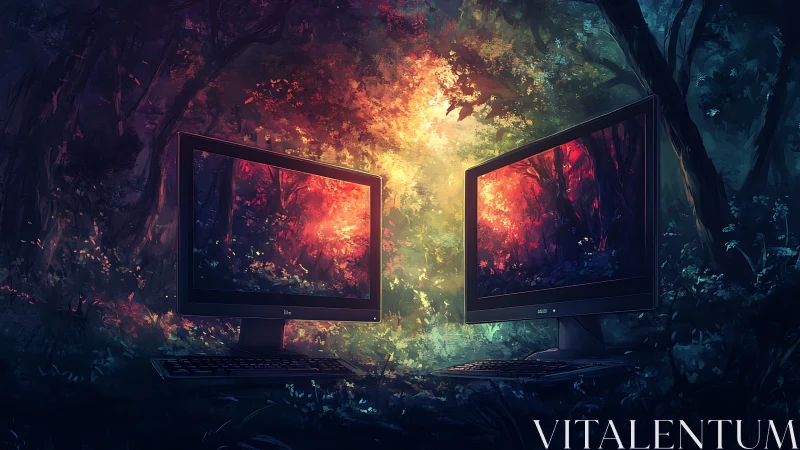 Digital windows glowing in a dreamy enchanted forest.