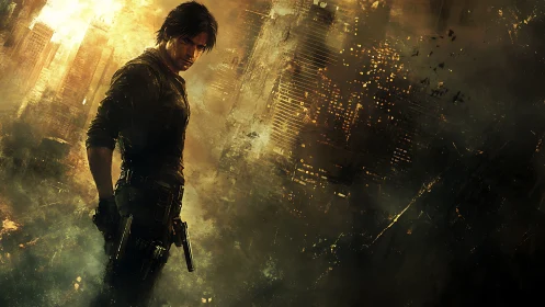 Gunmetal dusk crowns the lone vigilante above ruin