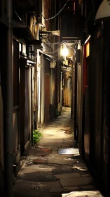 Narrow alleyway glows under warm urban night lights.