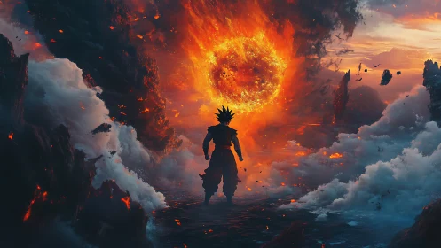 Warrior confronts blazing celestial firestorm vortex.