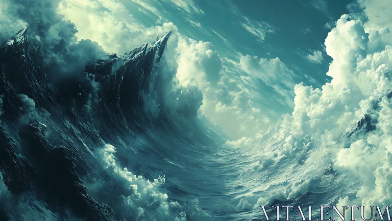 Stormy teal waves rising like mountains under moody skies.