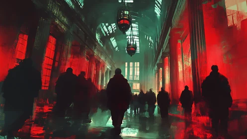 Silhouetted crowd walks through cavernous red lit terminal