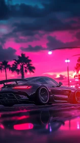 Neon-lit aerodynamic supercar under magenta storm sky.