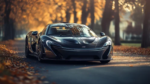 Carbon black hypercar under autumnal bokeh tree canopy.