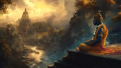 Divine blue figure overlooking misty temple valley at dusk