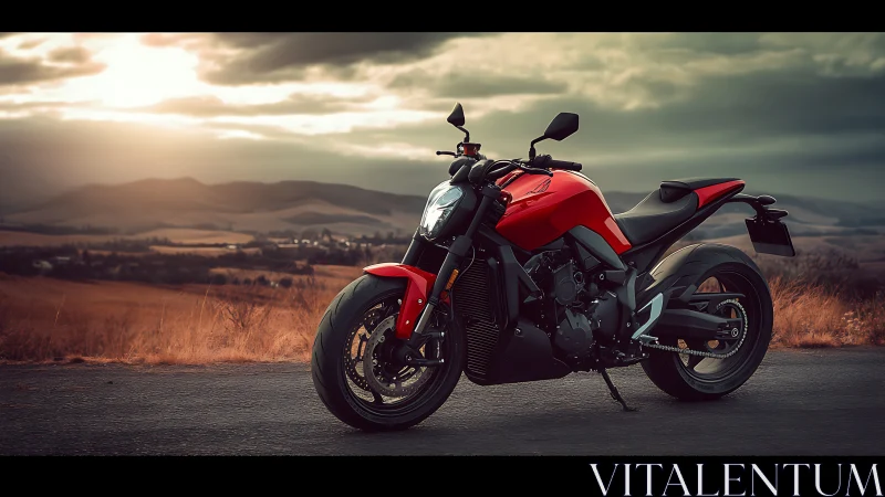 Sunlit red motorcycle waiting for an open road escape.