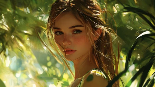 Sunlit freckled girl turns in lush green forest clearing