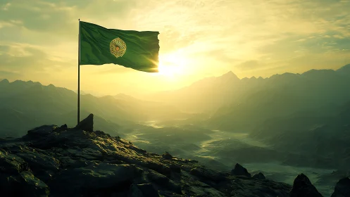 Mountain summit flag under glowing sunrise horizon.