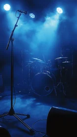 Empty concert stage with drum kit under directional blue backlighting