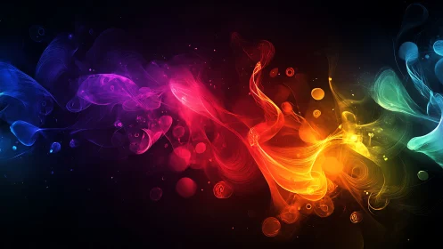 Multicolor luminous fluid forms on dark digital background.