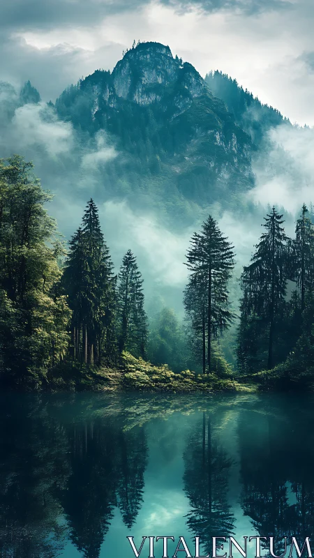 Mist-kissed mountain forest rises over a calm reflective lake