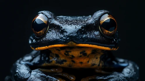 Macro portrait of glossy black and orange tree frog.