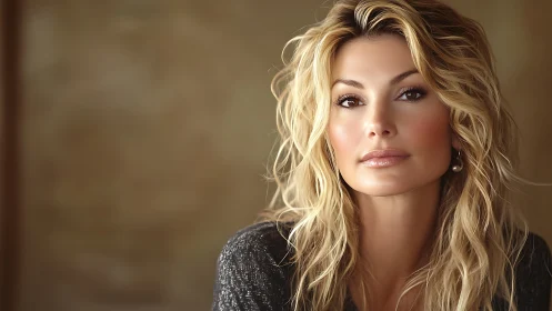 Blonde woman faces camera in softly focused studio portrait