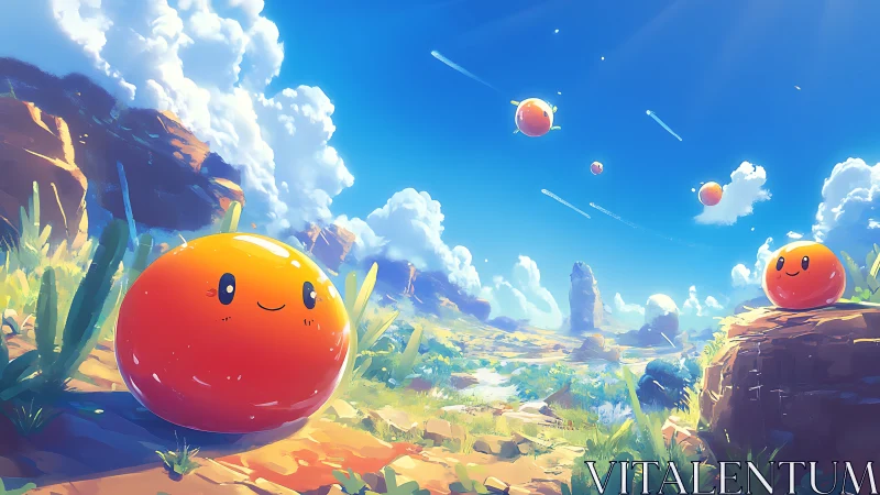 Smiling orange slimes drift above bright desert canyon