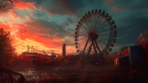 Ferris wheel dominates derelict amusement park at sunset