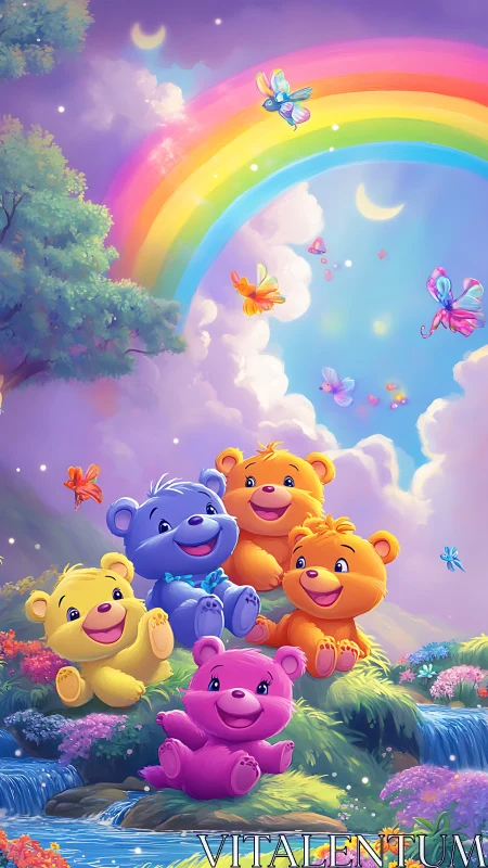 Rainbow teddy bears play under vibrant fantasy sky