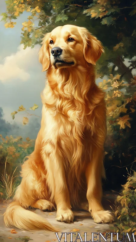 Golden daydreamer dog posing in painterly autumn glow.