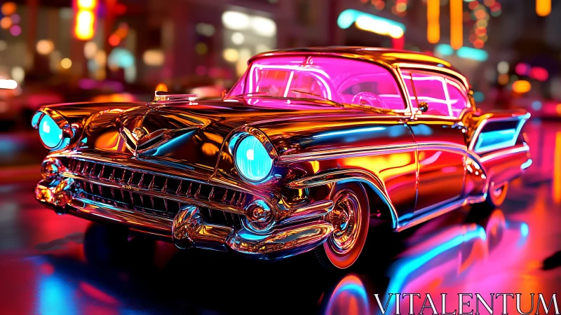 Neon chrome cruiser drifting through candy city streets.