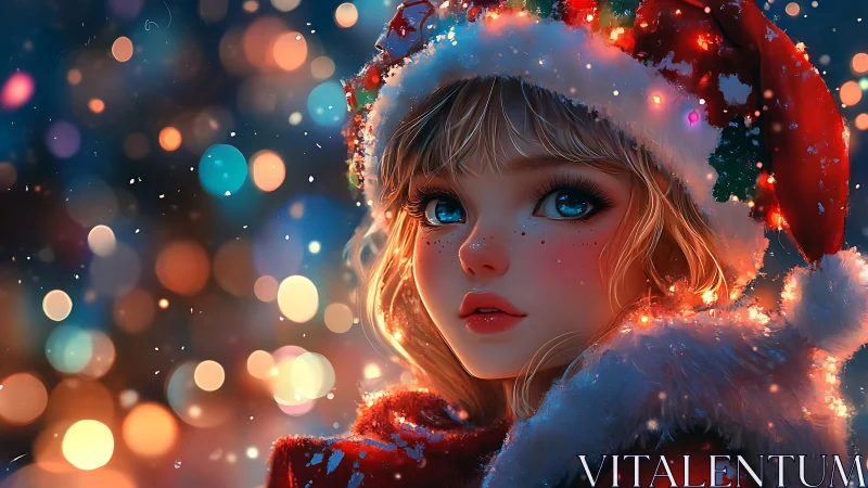 Snow-lit girl in Santa hat gazes through dreamy bokeh lights