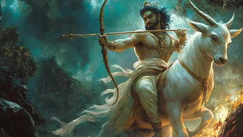 Divine archer rides white horned steed through stormfire