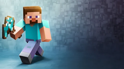 Blocky humanoid figure runs with pixelated tool in hand