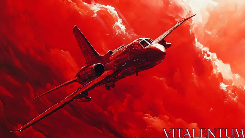 Jet aircraft in stylized red sky with dense painted clouds.