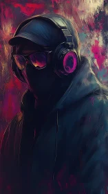 Cyberpunk hooded listener in neon-saturated digital portrait.