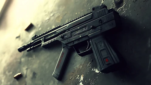 Futuristic tactical firearm resting in cinematic close view.