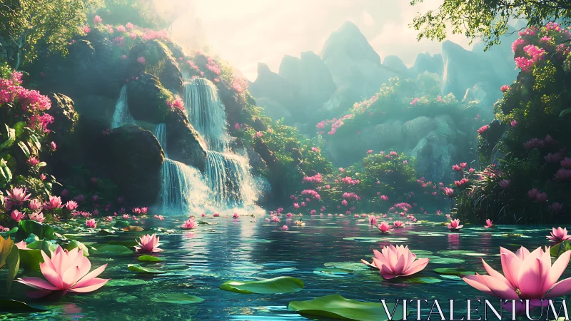 Dreamlit waterfall lagoon with drifting pink water lilies.