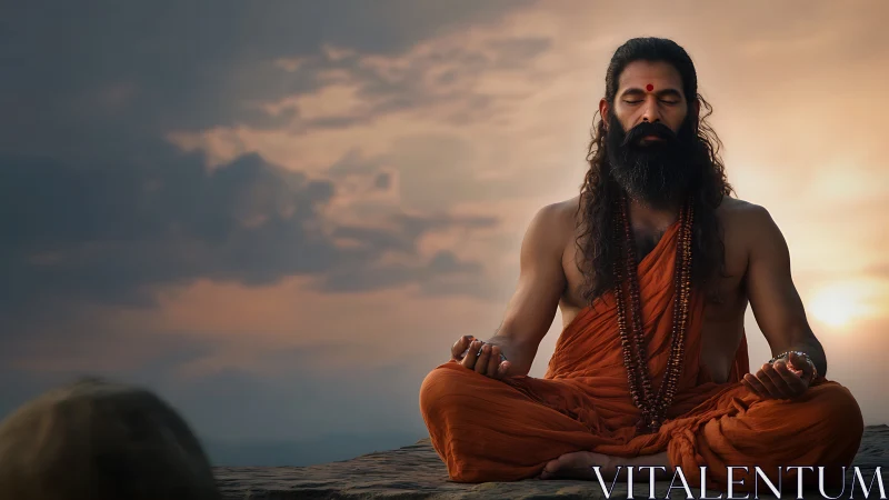 Bearded monk in orange robes meditating at sunset outdoors.