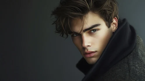 High-contrast male portrait with shallow depth and soft key lighting