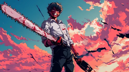 Bloodstained figure with chainsaw under vivid sunset sky.