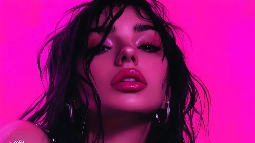 Neon pink digital portrait of woman with glossy lips.