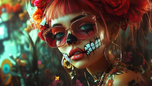 Neon calavera girl with red roses and reflective glasses.