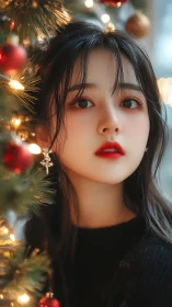 Portrait beside glowing Christmas tree with soft bokeh lights