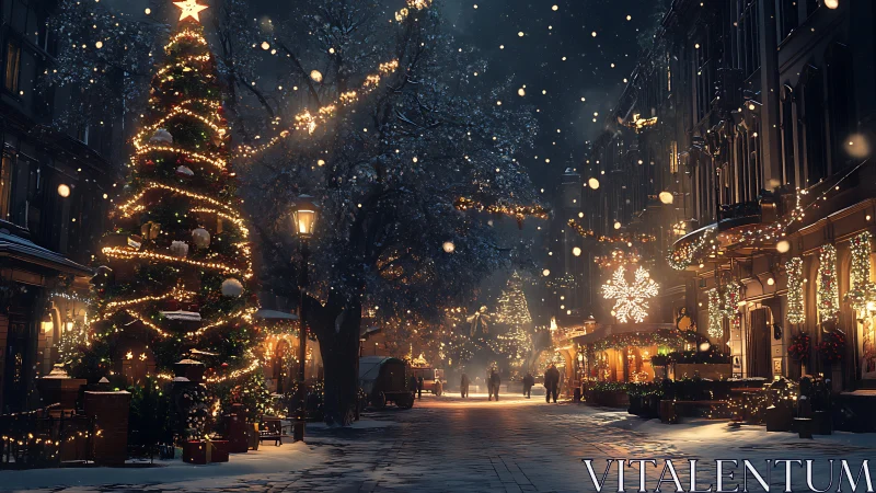 Snow-covered Christmas market street illuminated by dense warm lights