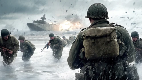 Storm-swept soldiers surge ashore beneath burning steel skies