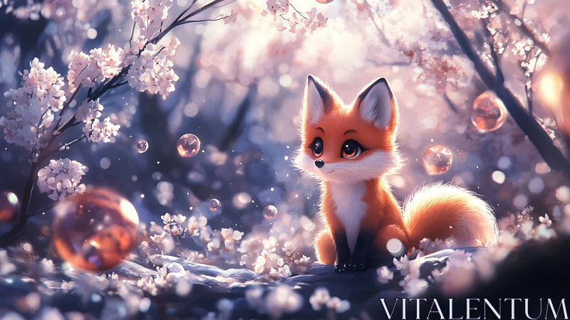 Cartoon fox in blooming forest with floating orbs.