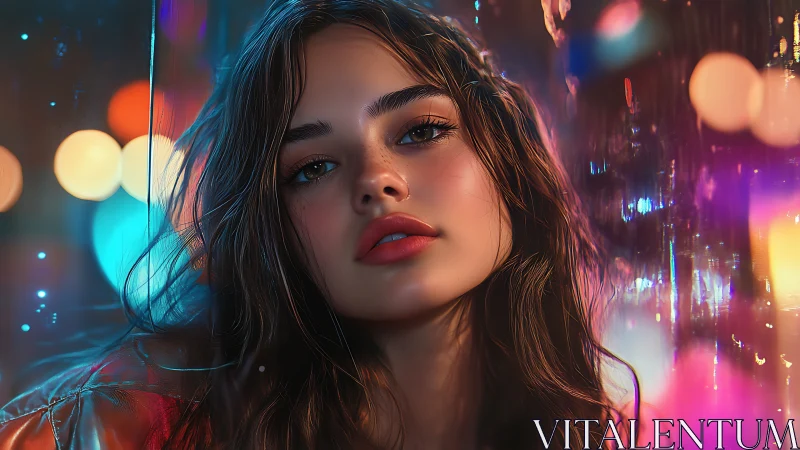Portrait shows female subject before neon bokeh background at night