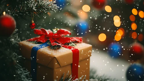 Photorealistic Christmas gift box under tree with snowfall