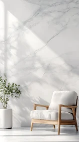 Minimalist lounge corner with soft daylight and marble wall